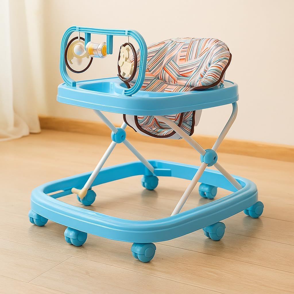 Blushbaby 360° Baby Walker for 6-18 Months | 5-Height Adjustable Activity Walker with Cushioned Seat, Meal Tray & Toy Bar | Foldable & Lightweight Walker for Boys & Girls (Sky Blue)