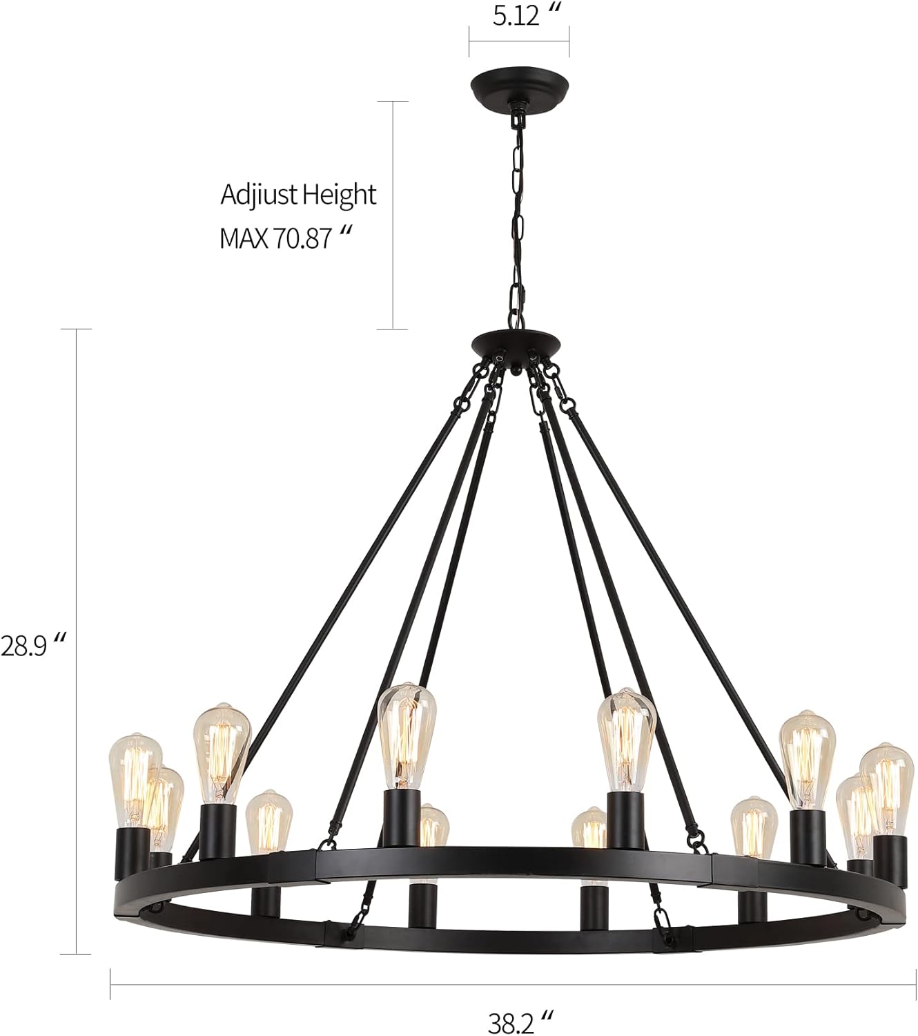 AMZASA Large Farmhouse Wagon Wheel Chandelier,Black Industrial Round 12 Lights Dining Room Light Fixture for Kitchen Living Room Foyer Hotel Dia38.2 Inches UL Listed