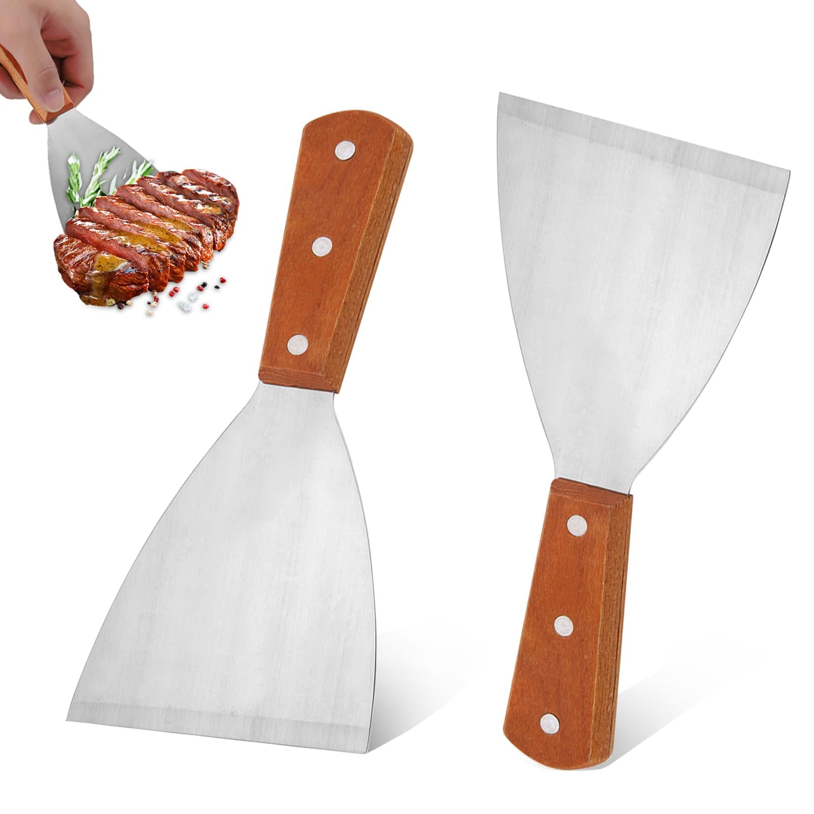 Griddle Scraper, Stainless Steel Slant Edge Grill Griddle Scrapers for Cast Iron Wood Handle Spatula Scrapers for Food Service/Cooking/Cleaning, Ideal for BBQ Indoor & Outdoor (2)