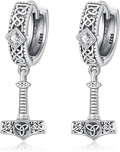 Aretes colgantes de plata de ley 925, nudo celta, vikingo, espada, turquesa, martillo de Thor, negro, plata y oro, aretes colgantes de múltiples