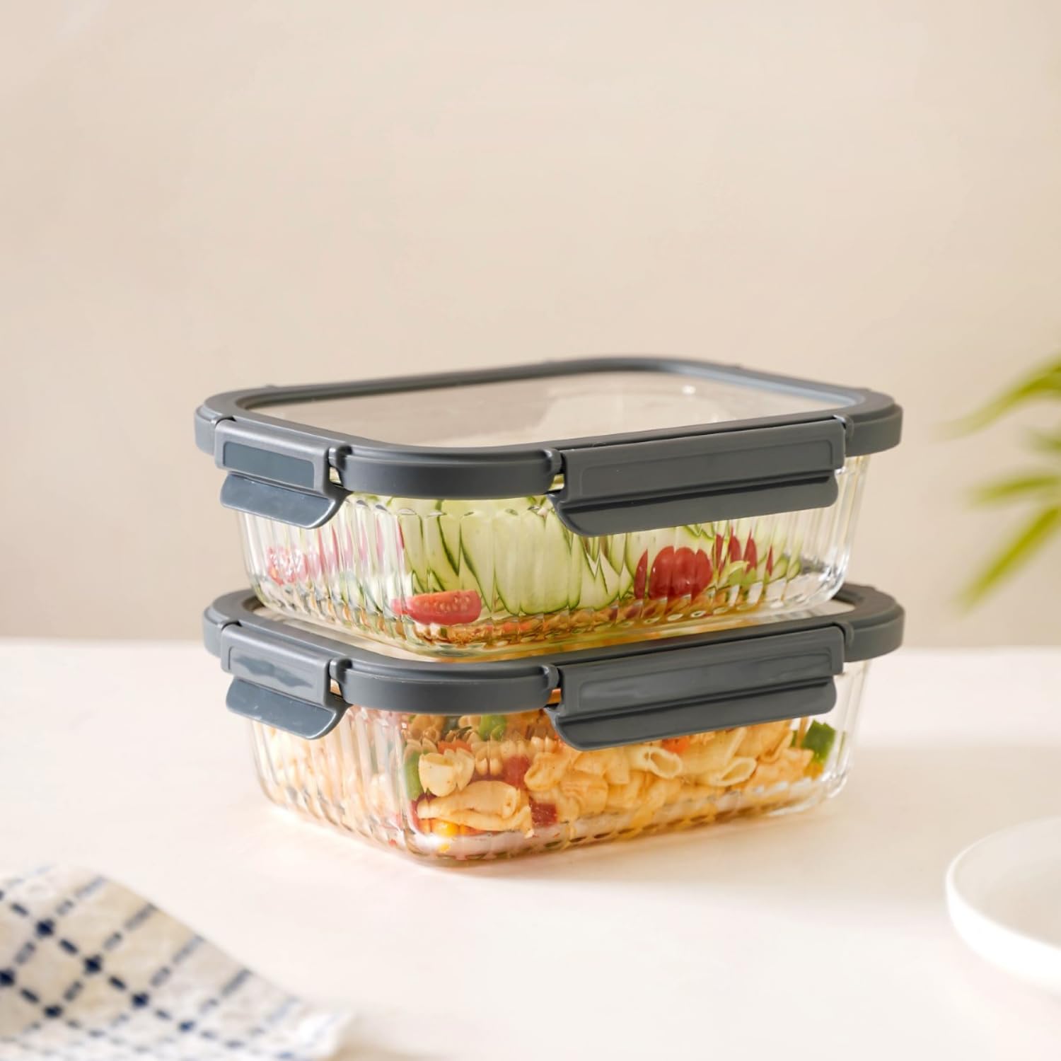 Nestasia Glass Lunch Box for Women and Men (Set of 2-1040ml Each) - Borosilicate Rectangular Clear Lunch Box for Office Use, Microwave Safe, Airtight Tiffin Containers with Safety Lock