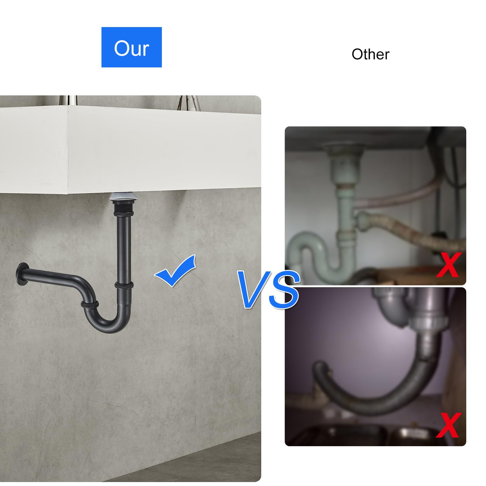 Trampa P de acero inoxidable con tapón para fregadero de baño, juego de trampa de botella de drenaje de fregadero de 1-1/4 sin desbordamiento, altura ajustable, kit completo de fontanería para