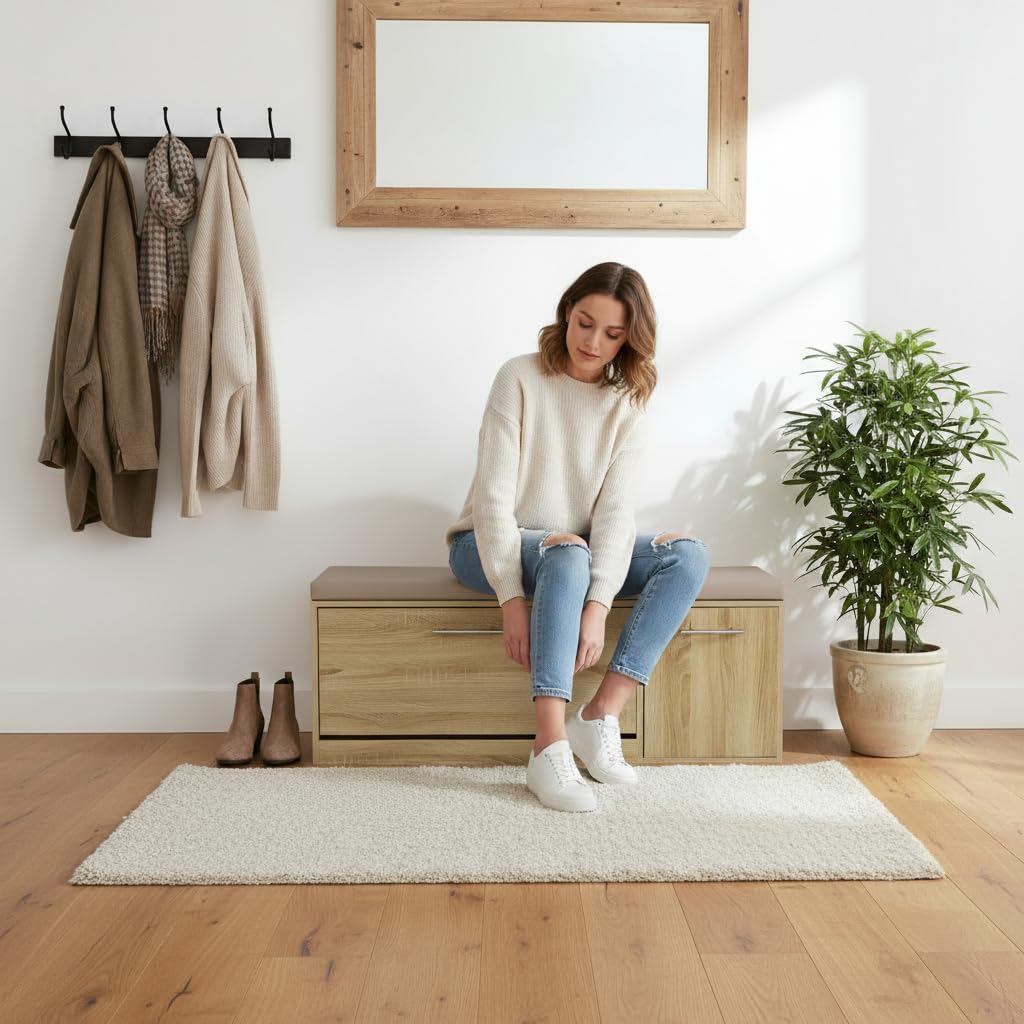 Marvin Scarpiera Panca da Ingresso con Anta – Portascarpe Salvaspazio in Legno con Cuscino Seduta e Anta a Ribalta per Cabina Armadio Corridoio o Camera Design 100x30x46 cm (Rovere/Cuscino Tortora)