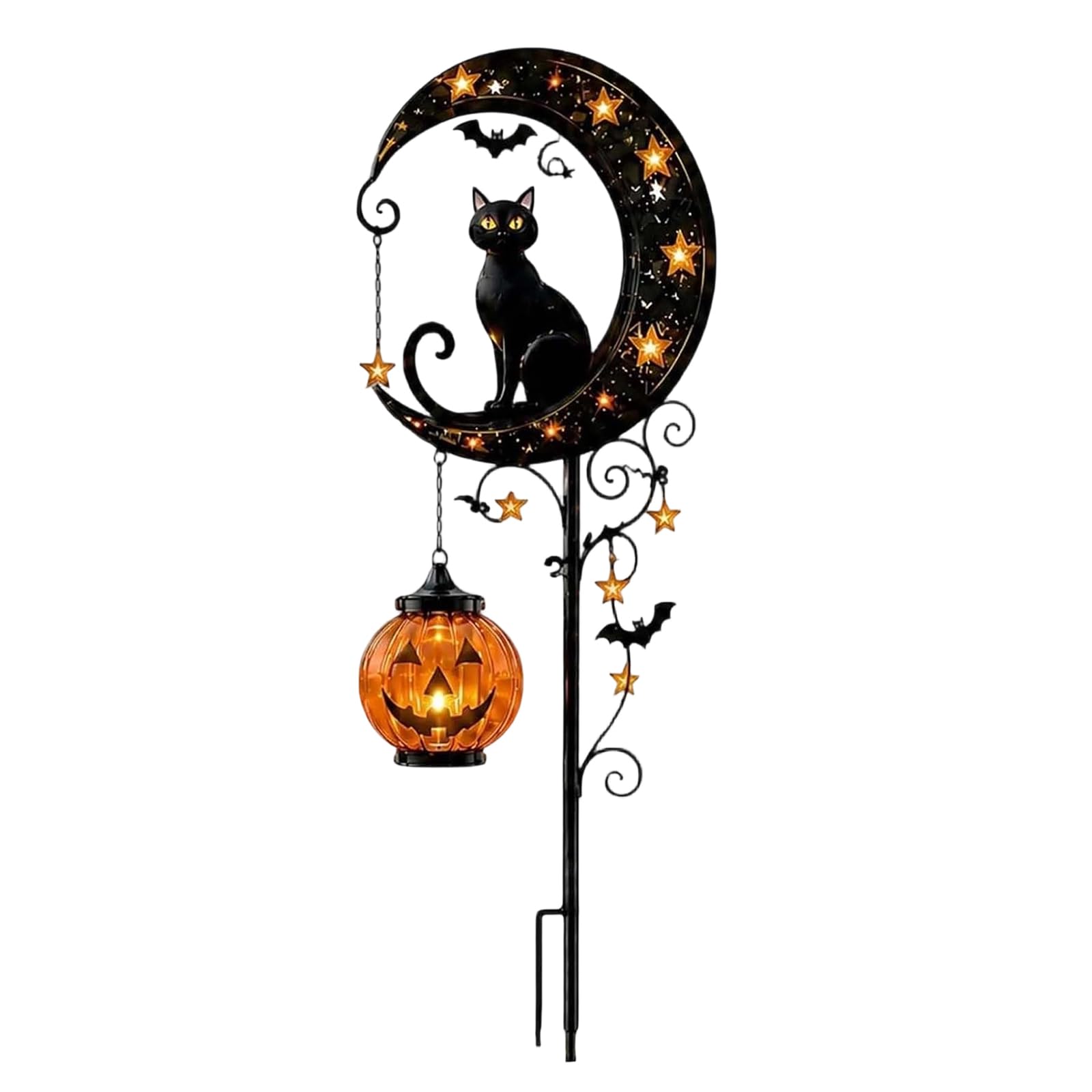 Solar Powered Black Cat & Pumpkin Moon Stake Light