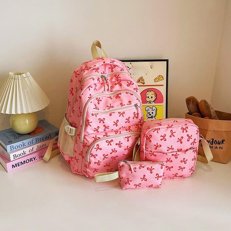 Bow Backpack for Women, Nylon Rucksack Cute Kawaii Set Aesthetic Daypack 3Pcs, bow backpack for girls (White Blue)2