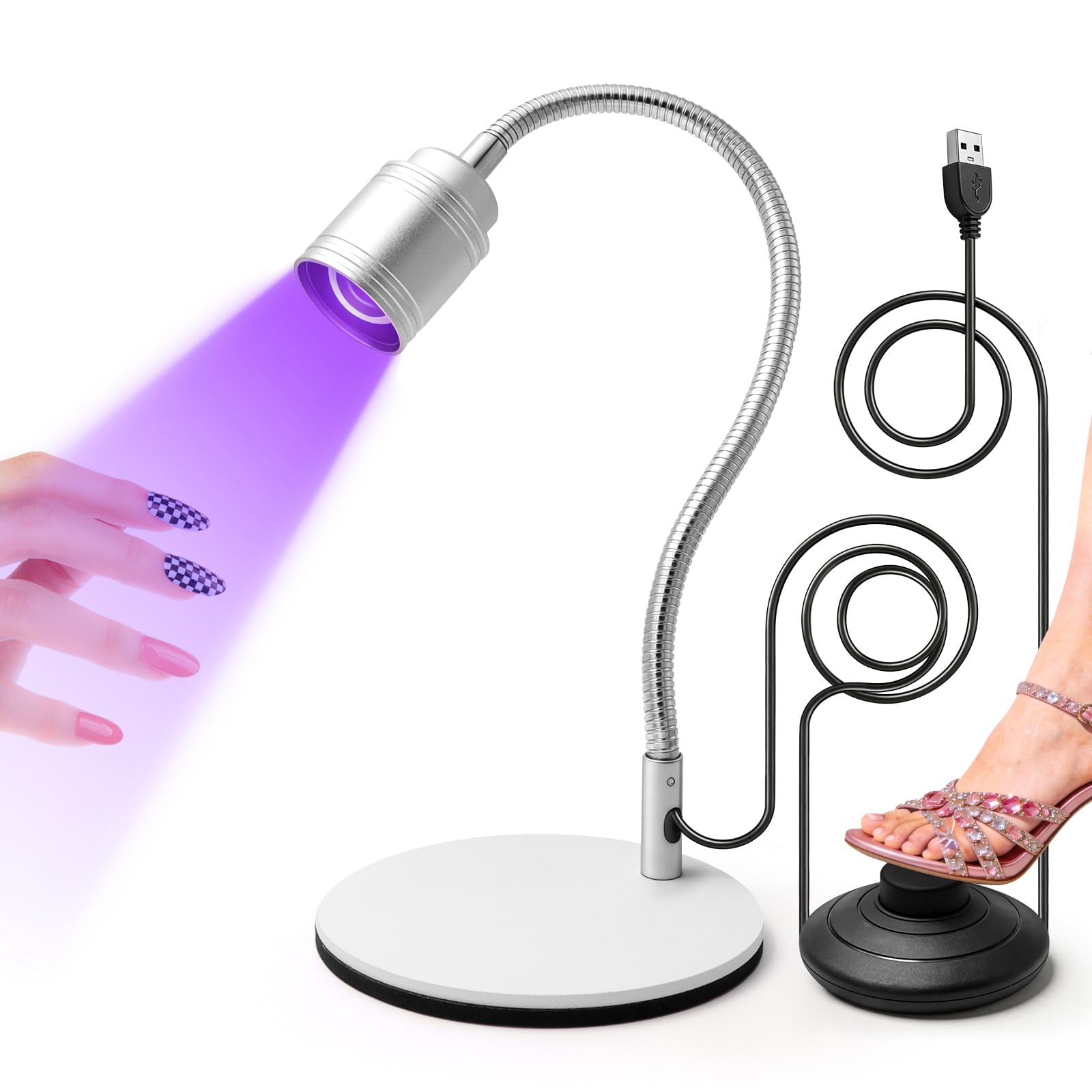 Lámpara de uñas con control de pie, luz LED UV de cuello de cisne para uñas de gel, lámpara de gel X de secado rápido para el hogar, bricolaje, manicura, alimentación USB (plateado)