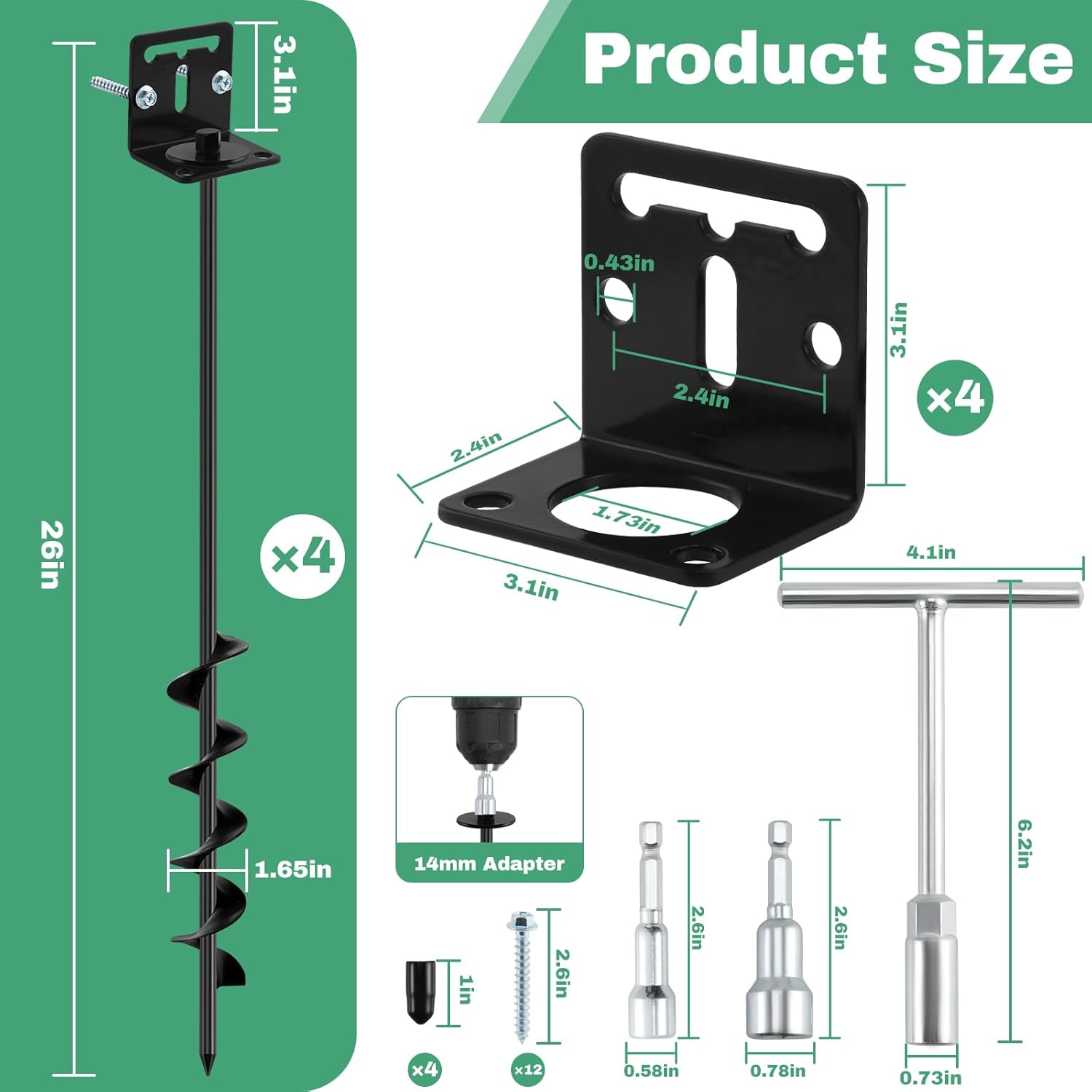 26" Ground Anchors Screw in Heavy Duty, Mobile Home Anchors - Shed Anchor Kit with L Bracket & Drill Adapter, Earth Anchor for Swing Sets, Trampolines, Carports, Storage Sheds, Fences (4×26in)