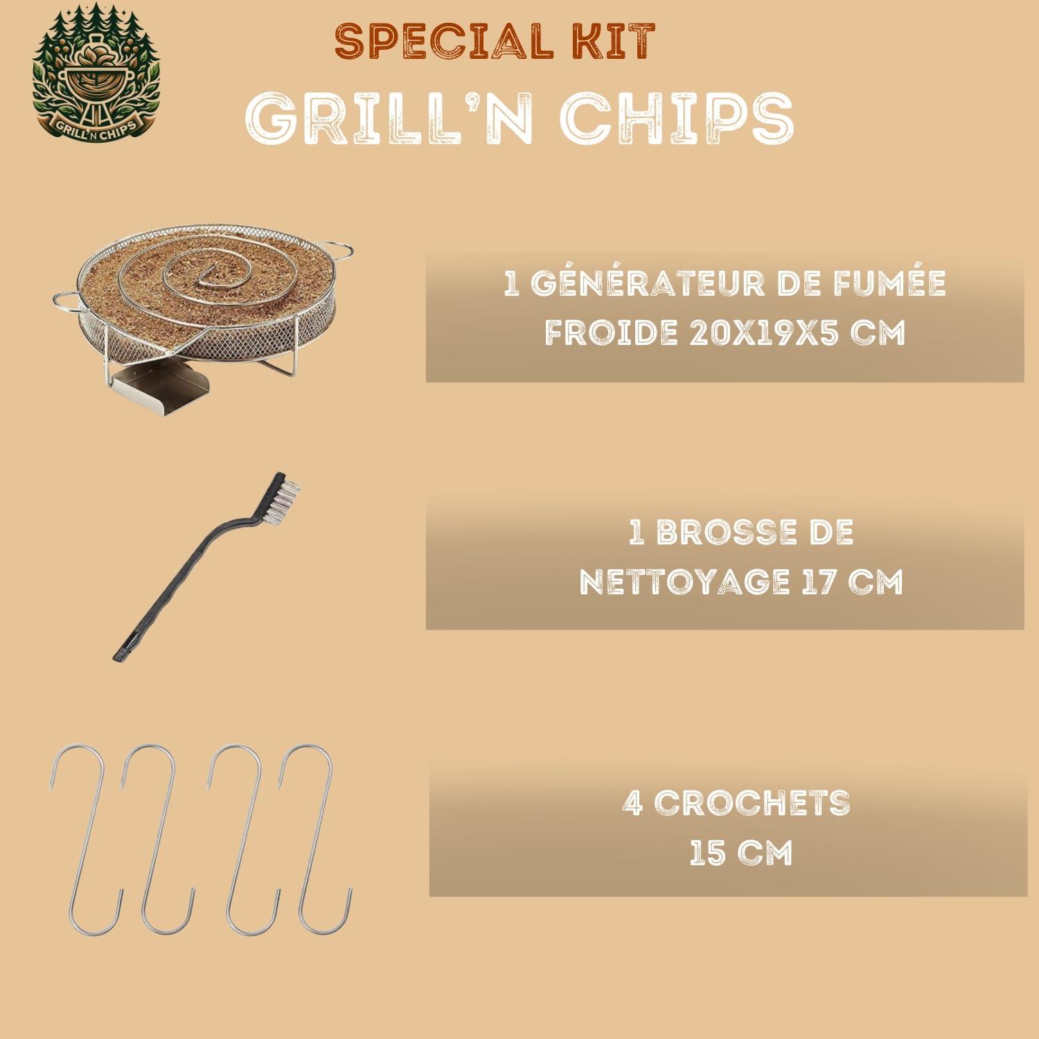 GRILL'N CHIPS® Serpentin/Générateur Fumée Froide Fumoir - Acier Inoxydable | 4 Crochets + Brosse. Jusqu'à 8-10h de Fumée. Fumage à Froid : Poisson, Viande, Fromage, Charcuterie. Guide PDF à Télécharger