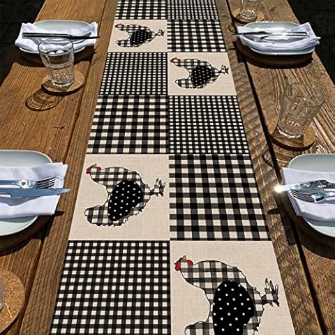 Seliem Farm Animal Chicken Hen Black White Buffalo Plaid Check Table Runner, Farmhouse Chick Home Kitchen Holiday Spring Summer Decor, Easter Country Rustic Burlap Dining Decoration Party Supply 13x36 Cover