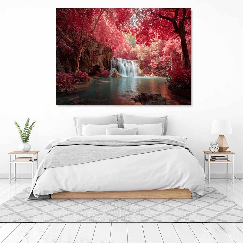 ZAMAEIU Paysage Tableau Sur Toile Forêts pourpres Bassin décorations murales, decoration maison, Convient pour le salon, la chambre, le bureau, etc.(rouge)-70x100cm Encadrée