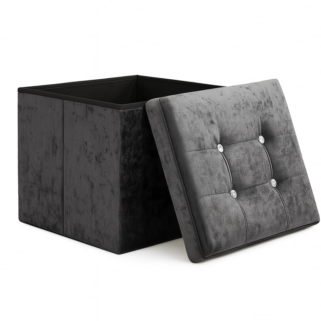 Home Republic Crushed Velvet Ottoman Storage Box – Foldable Cube Ottoman with Lid – Multipurpose Toy Chest, Foot Rest, Bench Seat & Nursery Storage Solution (Black, 38W)