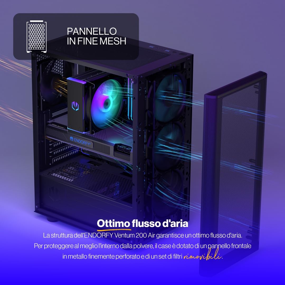 ENDORFY Ventum 200 Air, Case PC ATX, 4x120 mm ventole Incluse, Pannello Laterale in Vetro temprato, Pannello Frontale in Mesh, Ampia compatibilità con dissipatori, Case Compatto, EY2A002