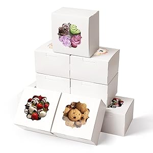 Shallive 8 Pcs Bakery Boxes 6-In with Windows, Cookie Boxes White for Chocolate Covered Strawberries, Treats, Donuts, Cupcakes, and Candy Gift Giving 6x6x3 Inch