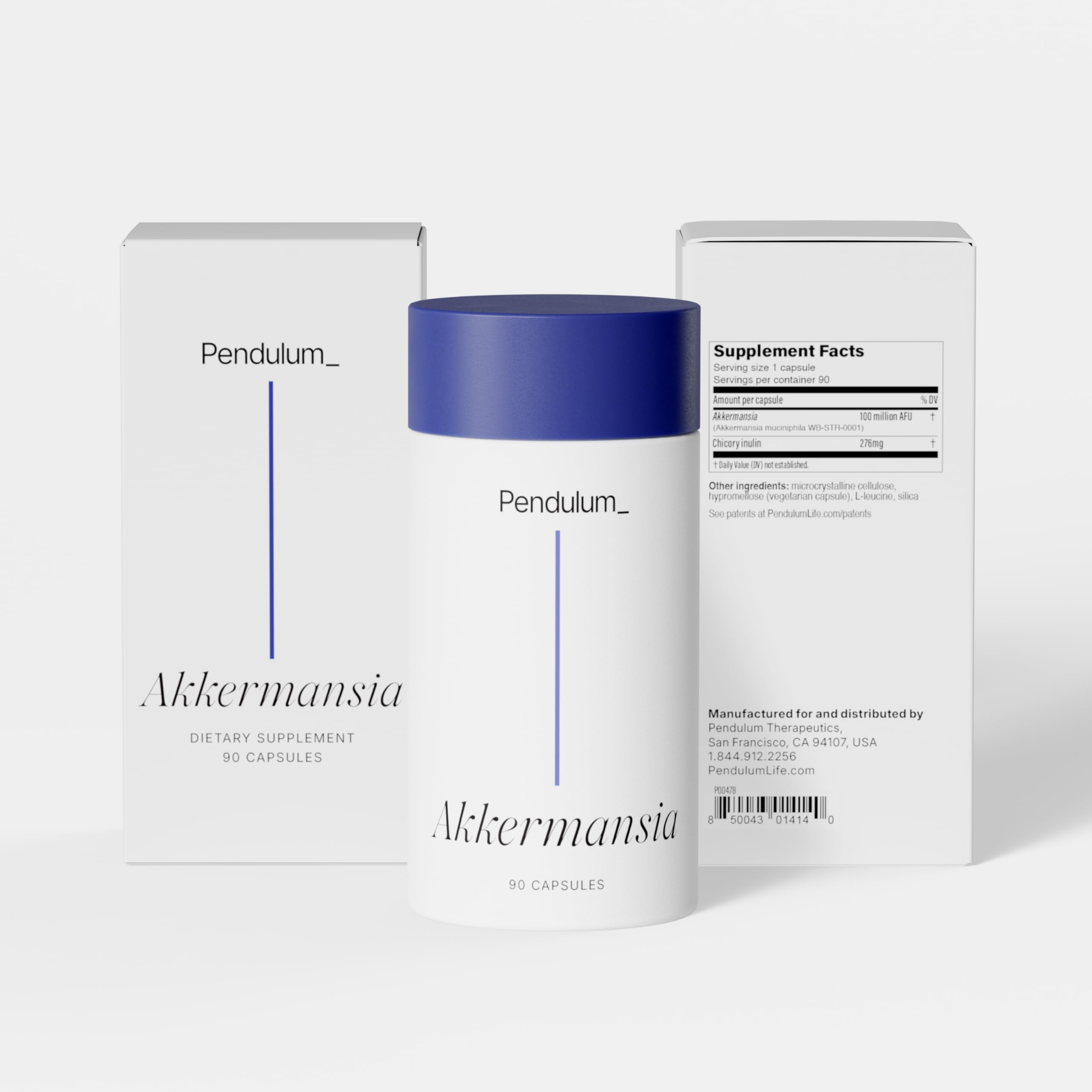Pendulum Akkermansia Probiotic with Prebiotic Fiber - Delayed Release Capsules, Third-Party Tested, Authentic 100M AFU Live Strain for Gut Health & GLP-1 Support for Men & Women (90 Capsules, 1-Pack)