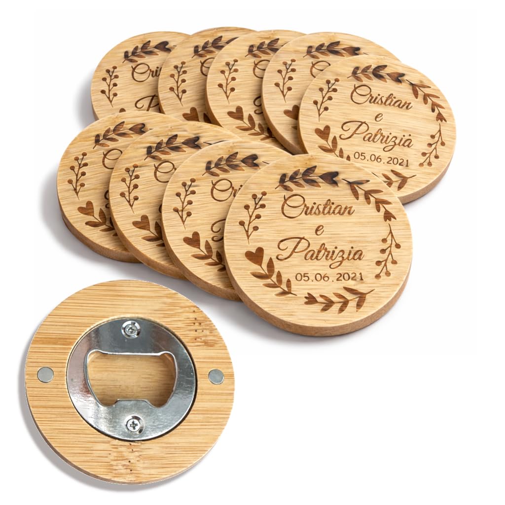 WHITE COMET Apribottiglie in Legno Personalizzato - Apribottiglie Magnetico da Frigo con Incisione Nomi e Data - Idea Regalo Matrimonio, Bomboniera, Anniversario (Kit 10 Pezzi)
