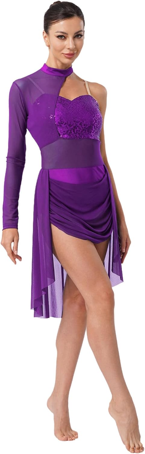 Women Sequin Lyrical Dance Dress Mock Neck Single Sleeve Ballet Skirt Leotard Skating Dancewear