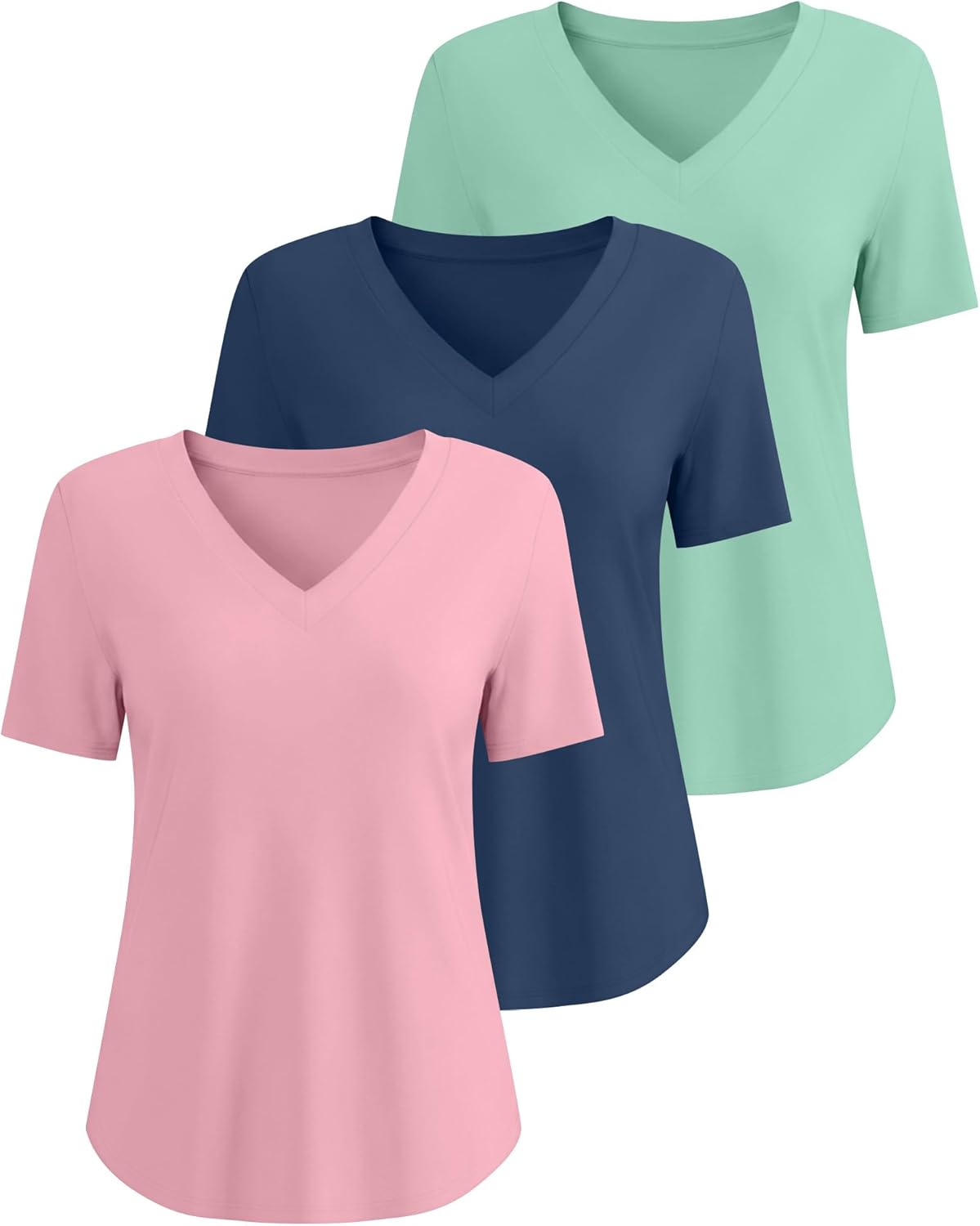 Ficerd 3 Pack Women's Short Sleeve T-Shirts V Neck Tunic Tops Casual Summer Curved Hem Tees Loose Fit Solid Basic Tshirt 2026