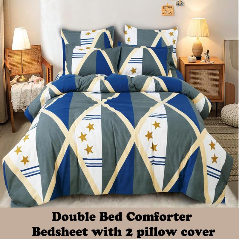 Image of Polycotton Printed 120 TC Comforter & Bedsheet Double Bed Bedding Set, Queen Size (90x100 inch), Blue & Cream, 4 Pieces