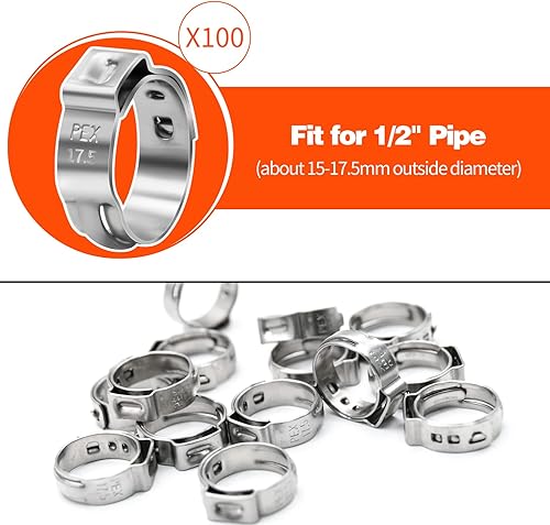 Miniatura 2 de Paquete de 50100 abrazaderas PEX de 1234 pulgadas, abrazaderas de manguera de una sola oreja de acero inoxidable, abrazaderas de ajuste PEX, anillos