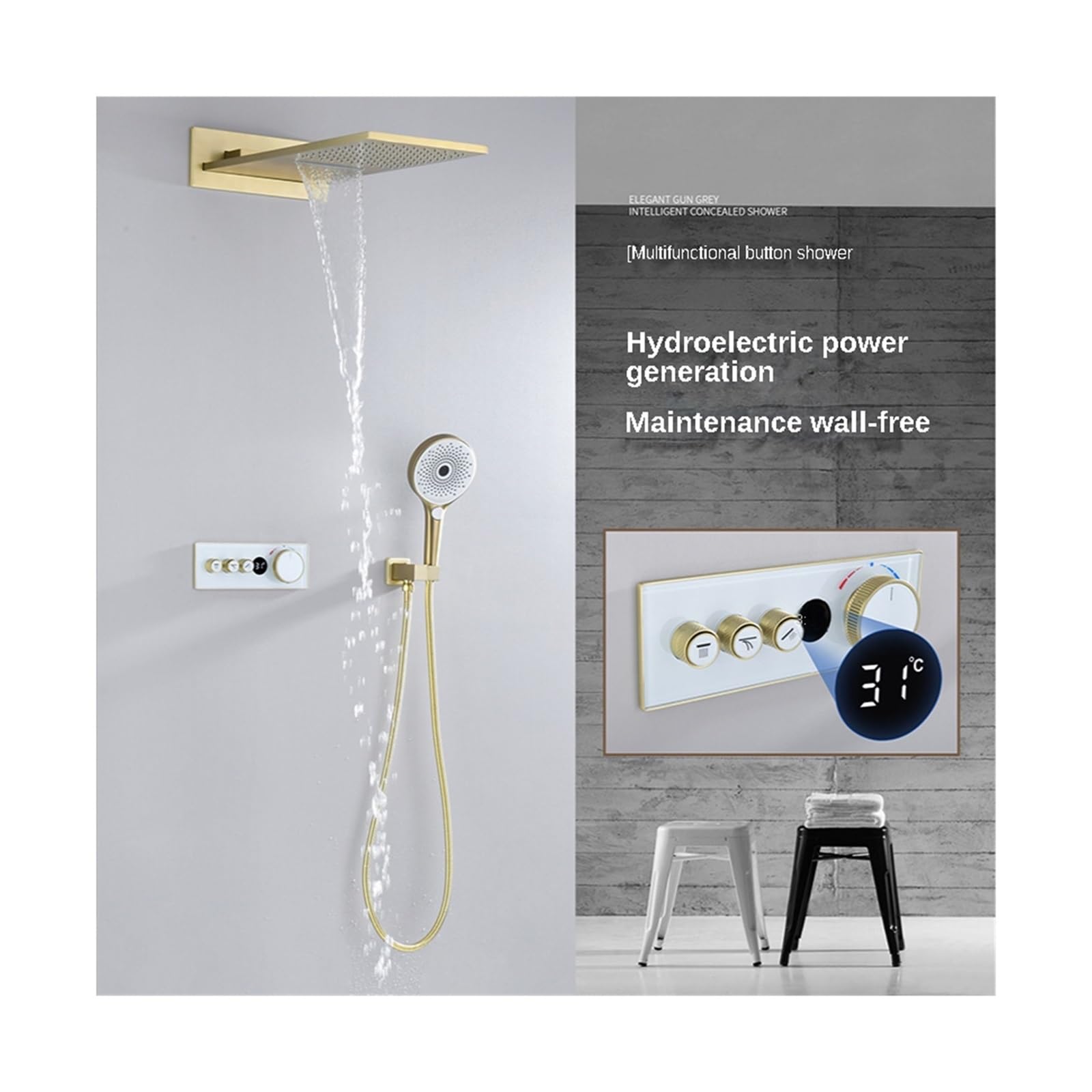 Rubinetto for Doccia da Bagno, Set Doccia a Parete con Display Digitale Intelligente Nero, Temperatura costante Nascosta in Rame Oro Rosa(Matte White)