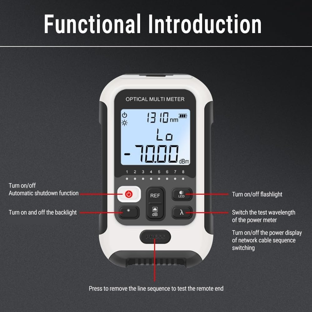 Misuratore di Potenza in Fibra, TM570A Multifunzionale Power Meter Fibra Ottica, 70dBm ~ +10dBm Lunghezza d'onda di Lavoro 850-1650nm, Veloce e Preciso, Bianco