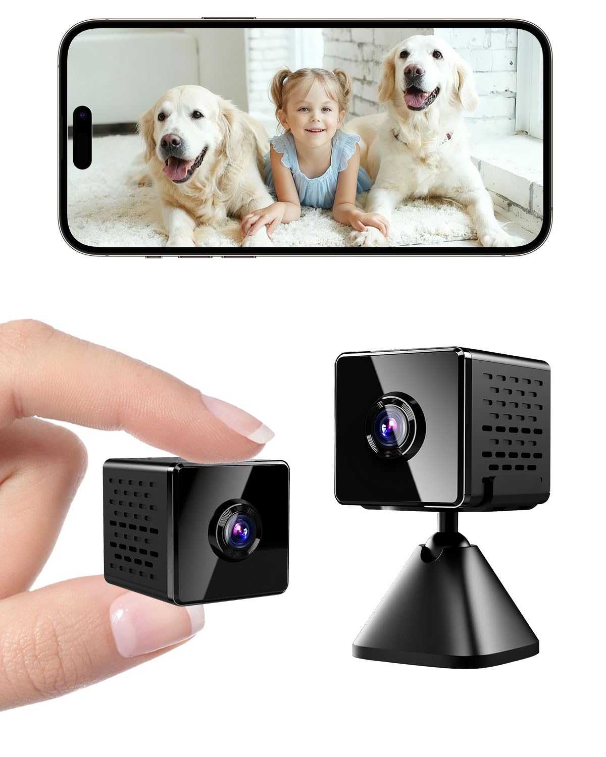 Gros plan sur la caméra espion javiscam Mini 4K, soulignant sa taille compacte et son objectif grand-angle.