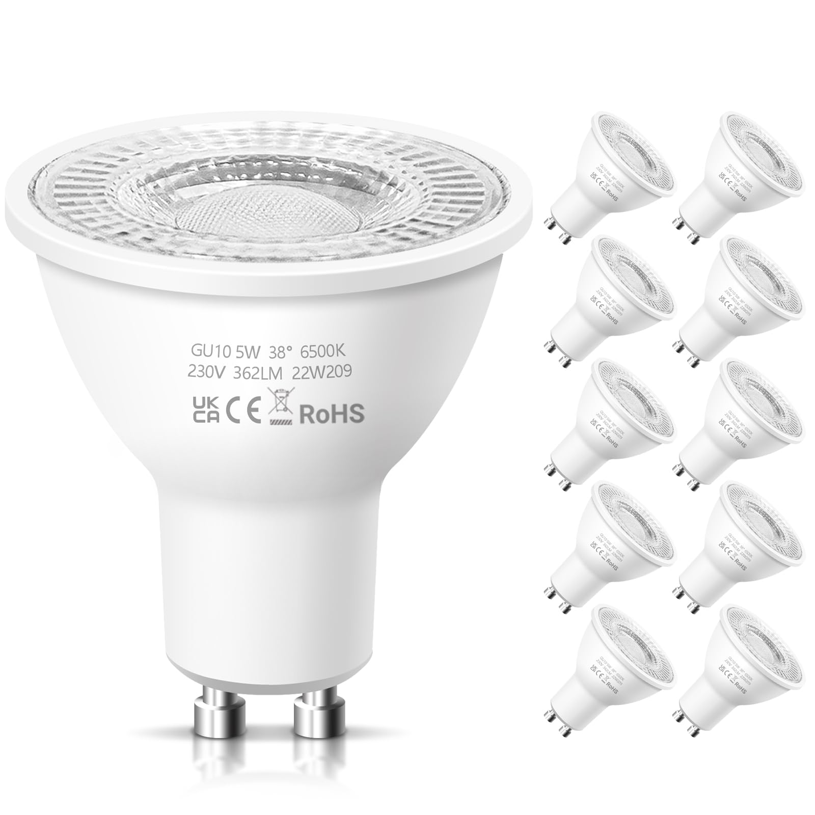 Nottac GU10 LED Spotlight Bulbs, Cool White 6500K 5W Energy Saving Light Bulbs, (Equivalent to 50W) 362LM Halogen Spotlight Bulbs, Non-dimmable 240V, LED Bulbs for Ceiling, Pack of 10