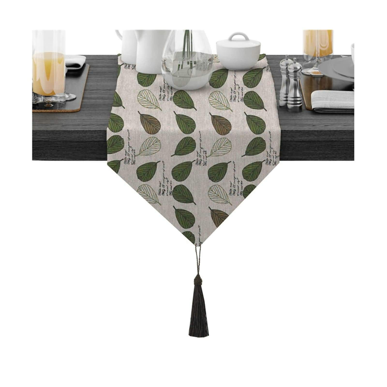 Aeici Camino de mesa de comedor de algodón, diseño de hojas, 30 x 188 cm, color dorado para boda, verde café
