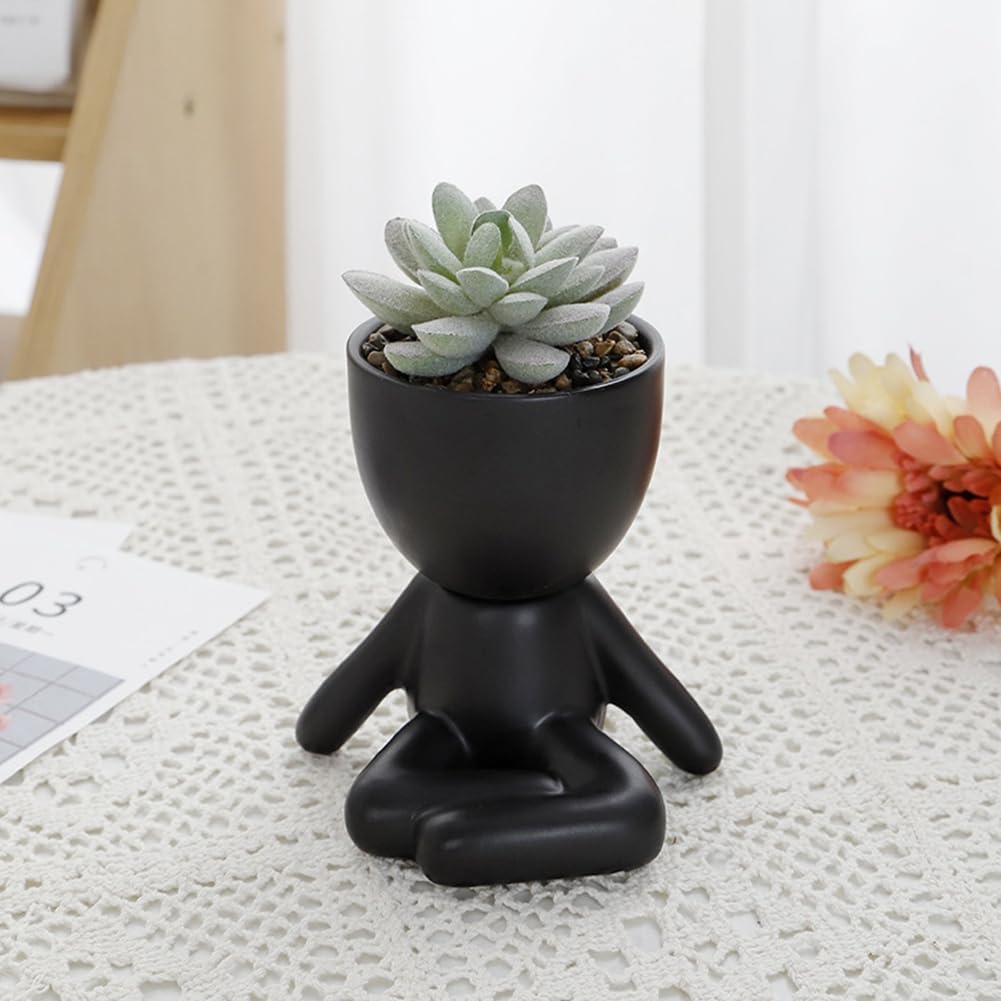 Lot de 4 plantes succulentes artificielles noires, pots créatifs en forme de personne, petits pots décoratifs artisanaux