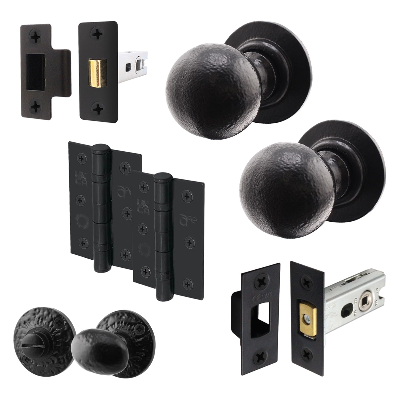 EAI Black Iron Door Knobs with Latch and Deadbolt 76mm, Hinges - Iron Ball