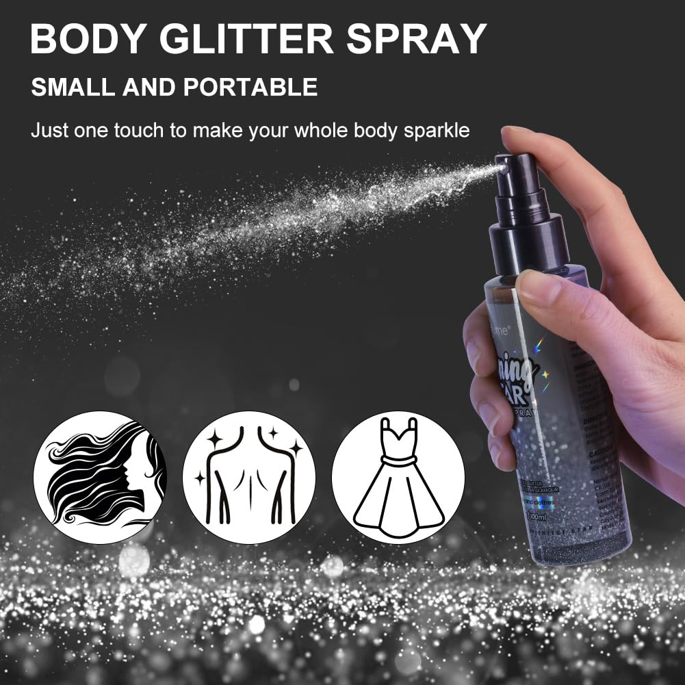 LOPHE Spray Brillantini Glitter, Glitterato Spray per Corpo Viso, Brillantini Corpo Vestiti per Capelli, Ultra Fine, Body Shimmer per Festival di Halloween, Club, Feste (100ml, Argento)