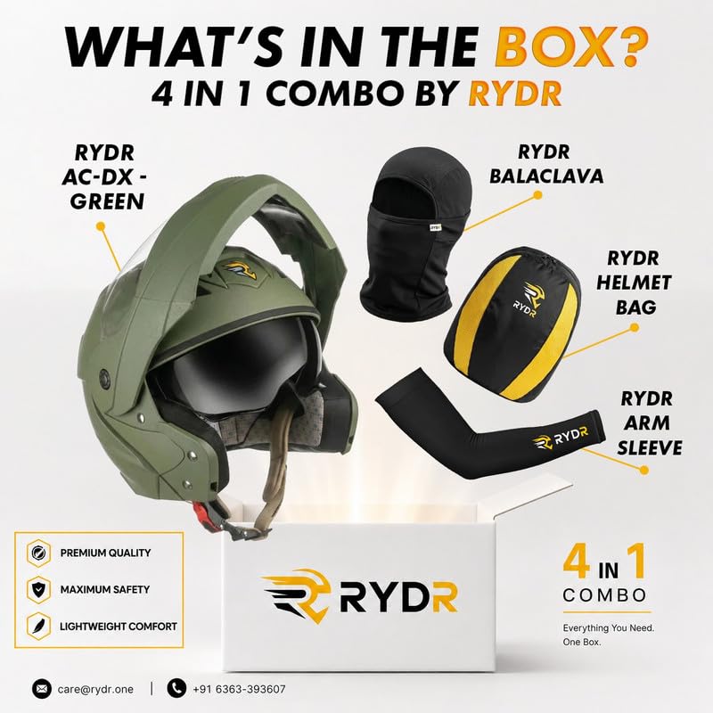 Image of Rydr AC Dx Flip-Up Full Face Motorbike Helmet | | Durable Two-Wheeler Helmet for Men and Women | Comfortable Fit with Air Ventilation for Safe Bike & Scooter Riding