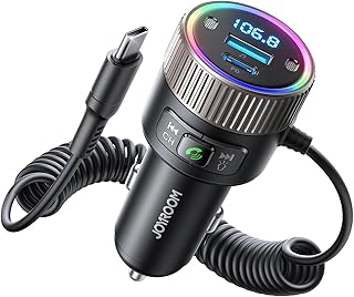 JOYROOM 2025 Latest 5.4 Bluetooth Adapter Car 60 W [PD 30 W & USB-C Spiral Cable 30 W] FM Transmitter for Car Hi-Fi Music Player, Hands-Free Calling, Dual Microphone, LED Light, U-Disk