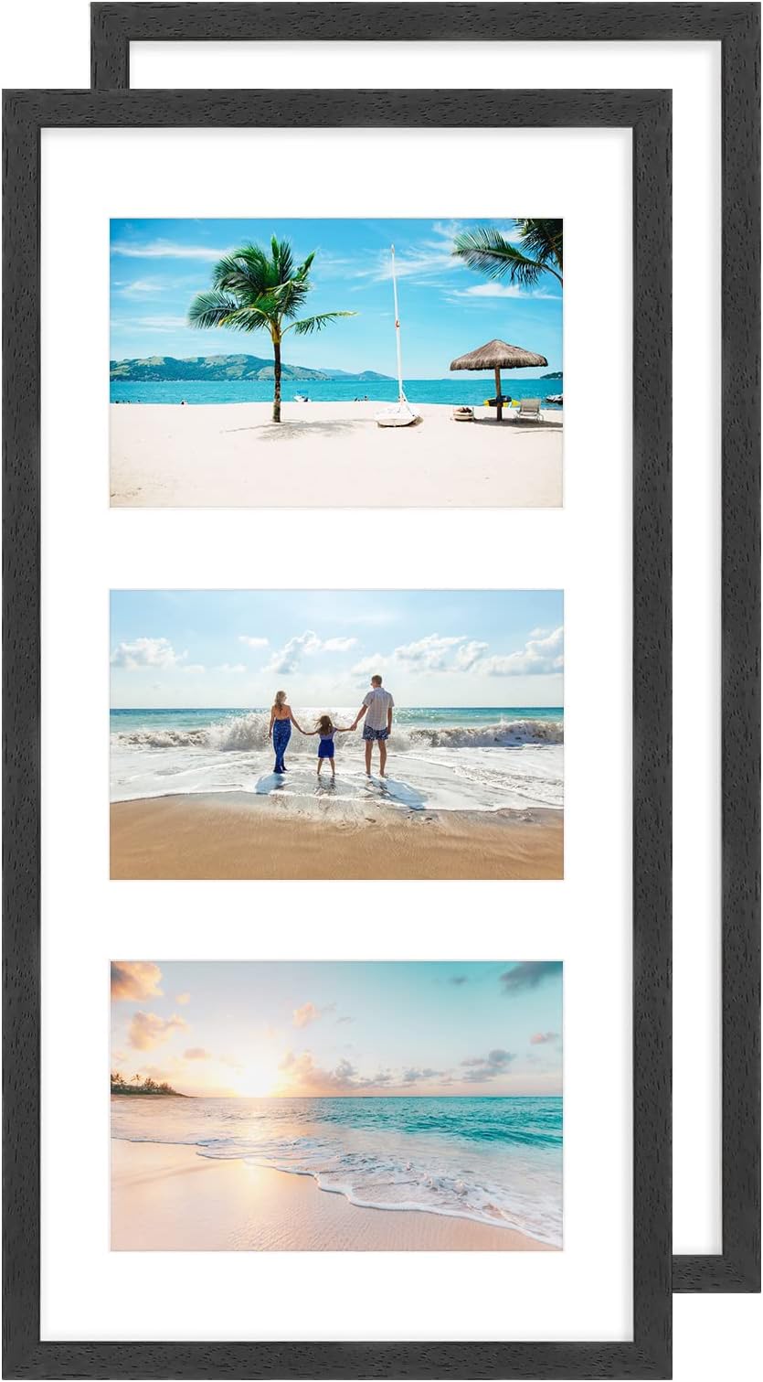 Multi 3 Aperture Picture Frame with Mount for 6x4 inch(10 x 15 cm) pictures,Black triple photo frame Made of Real Wood with Perspex Front for Wall Mount,Set of 2