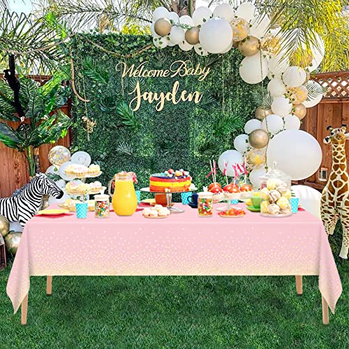 Image of Mulbozy 2 Pcs Pink Tablecloth 54 inchx108 inch Gold Dot Pink Table Cloth, Pink Disposable Plastic Tablecover for Birthday, Baby Shower, Picnic, Camping, Event & Parties