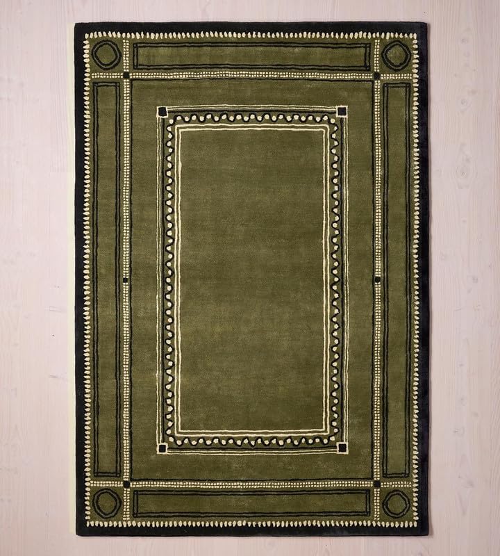 Olive Green Traditional Area Rug – 100% New Zealand Wool – Black Border Geometric Design – Premium Handmade Living Room & Bedroom Carpet (Size: 9x12ft)