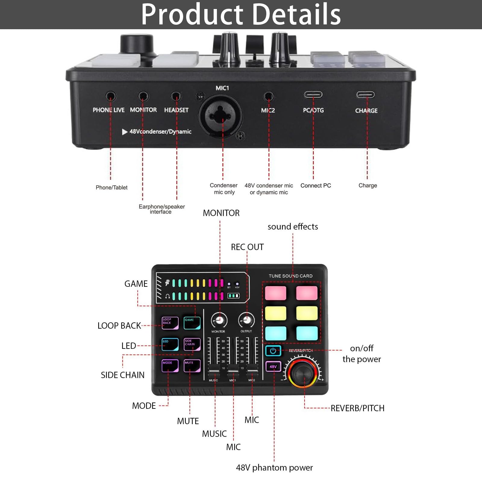 Mischpult, Gaming Audio Mixer Gaming Sachen RGB Soundkarte Audio-Interface mit Bluetooth Stimmverzerrer Funktion für PC/Phone/Gamer Creators/Live/YouTube/Individuelle Steuerung/Podcast