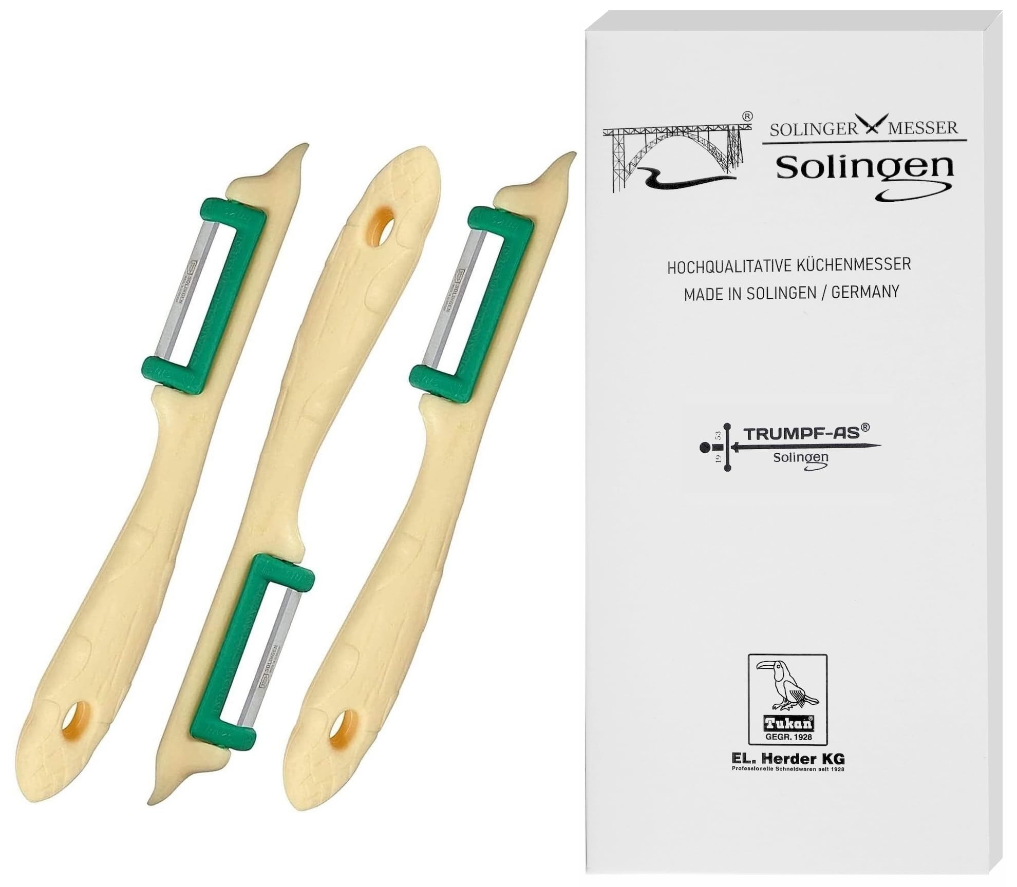Trumpf-As 3er Set Solinger Spargelschäler – Edelstahl, extrem scharf, für Rechts- & Linkshänder, rostfrei, Sparschäler, Gemüseschäler, Original Made in Germany/Solingen
