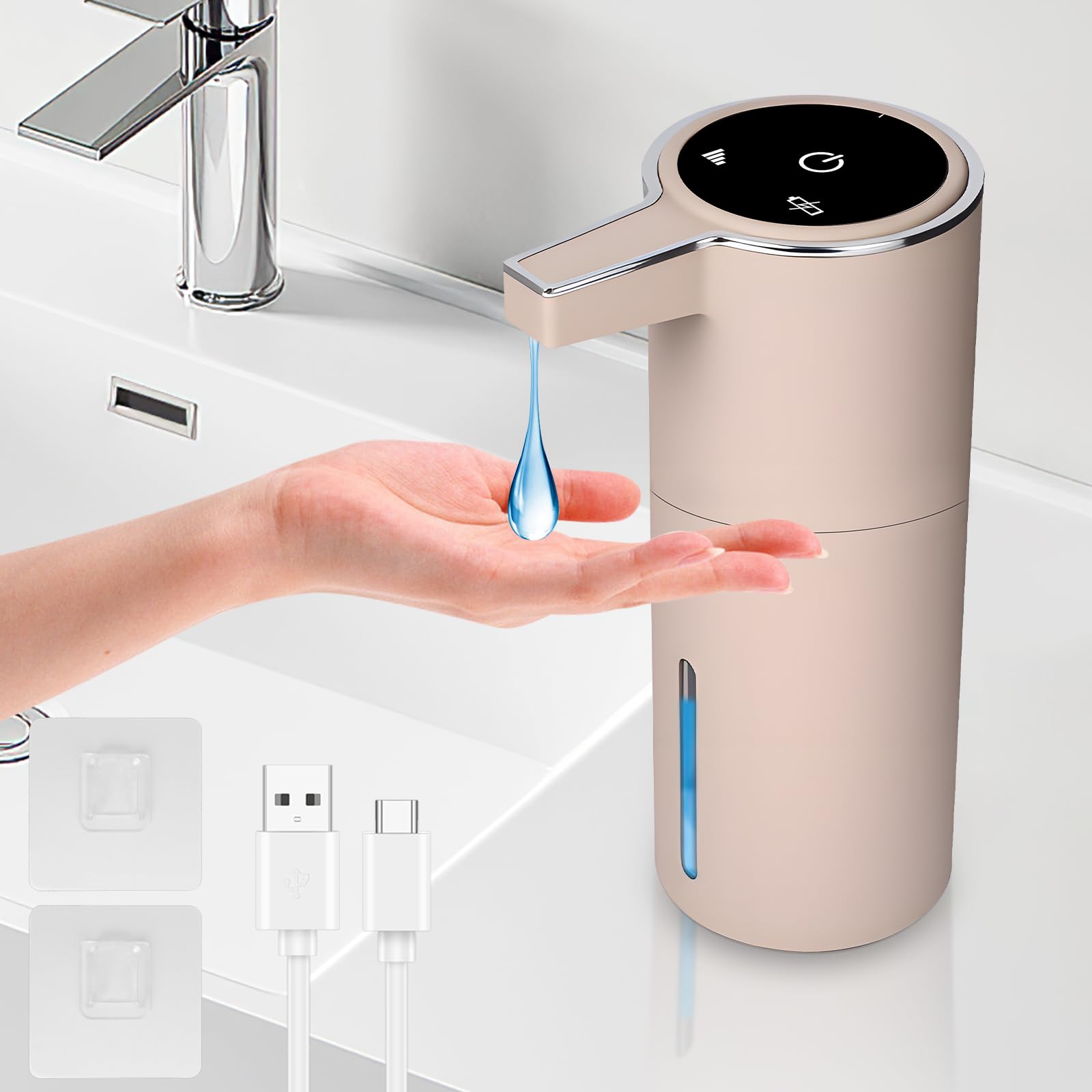 Automatyczny dozownik mydła, 420 ml, mocowanie ścienne, elektryczny dozownik mydła z czujnikiem podczerwieni, 4 poziomy regulacji, ładowanie przez USB, wodoszczelność IPX5, do kuchni, łazienki, szkoły