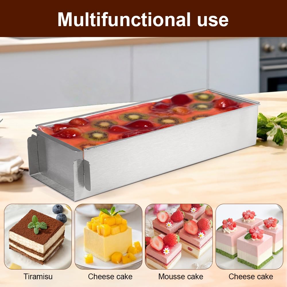 DGN Forma Tiramisù in Acciaio Inossidabile, Stampo Rettangolare Mousse Riutilizzabile Telaio Rettangolare Regolabile Rivestimento Antiaderente per Preparazione di Brownie, Cheesecake, Pane, Tiramisù
