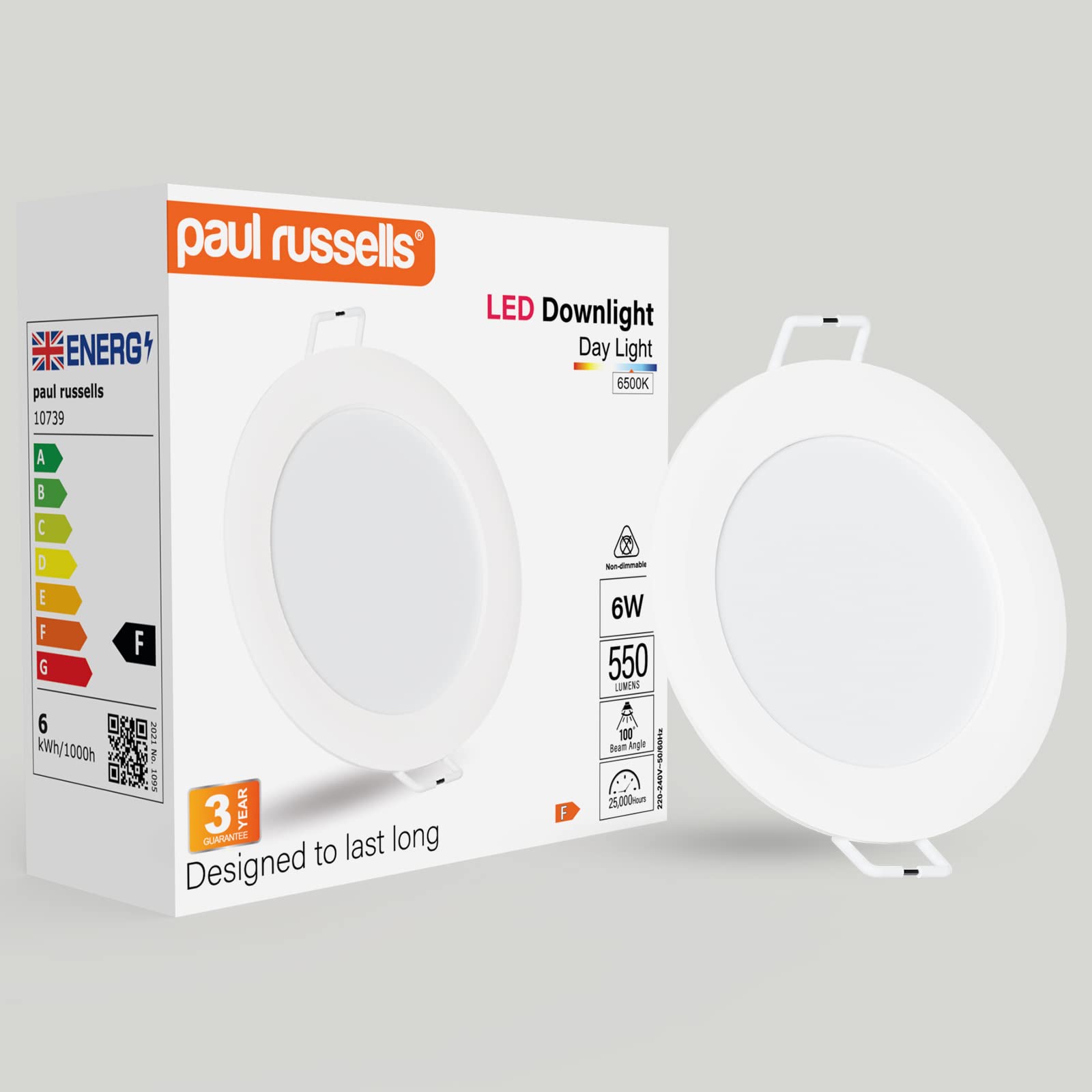 paul russells LED Ceiling Light, 6500K Daylight, 550lm 6W Slim Recessed LED Ceiling Downlights for Kitchen & Bathroom, Round Spot Ceiling Lights with 85–95mm Cutout, 1 Pack