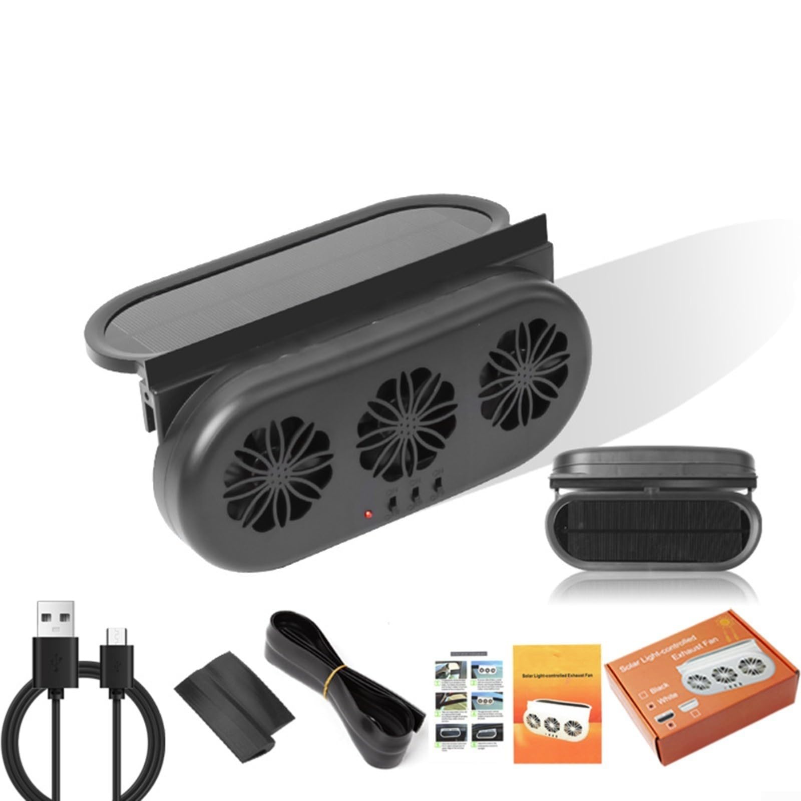 Ventilateur extracteur solaire pour voiture, design 3-têtes, charge USB et 12 V, ABS (23 x 11,3 x 5,2 cm)