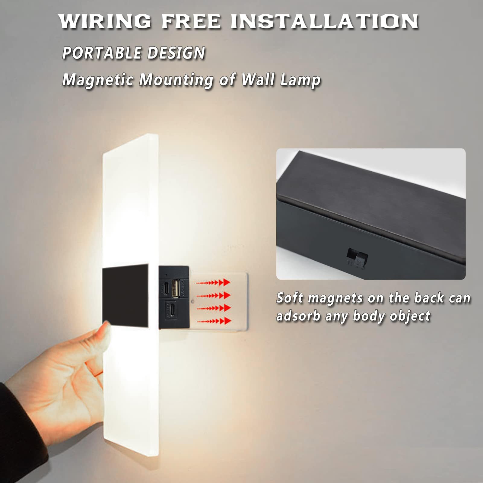 VOMI Lámpara LED Sin Cable con Interruptor, Aplique de Pared con Pilas Recargable USB, Magnética 3 Niveles de Brillo Regulables, Iluminación Interior, Blanco Frío 6000K