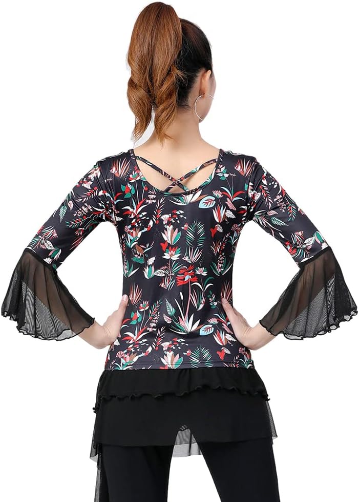 Whitewed 3/4 Sleeve Women's Bell Sleeves Criss Cross Back Latin Ballroom Dance Tops