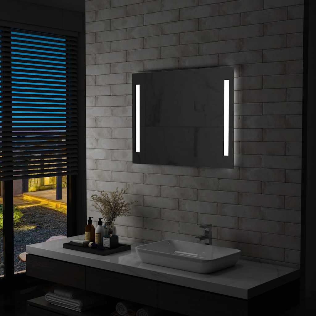 Espejo de pared para baño con LED, 80 x 60 cm, marco de aluminio plateado, tiras de luz mate, protección IP44, iluminación para maquillaje y cuidado, incluye adaptador y material de fijación