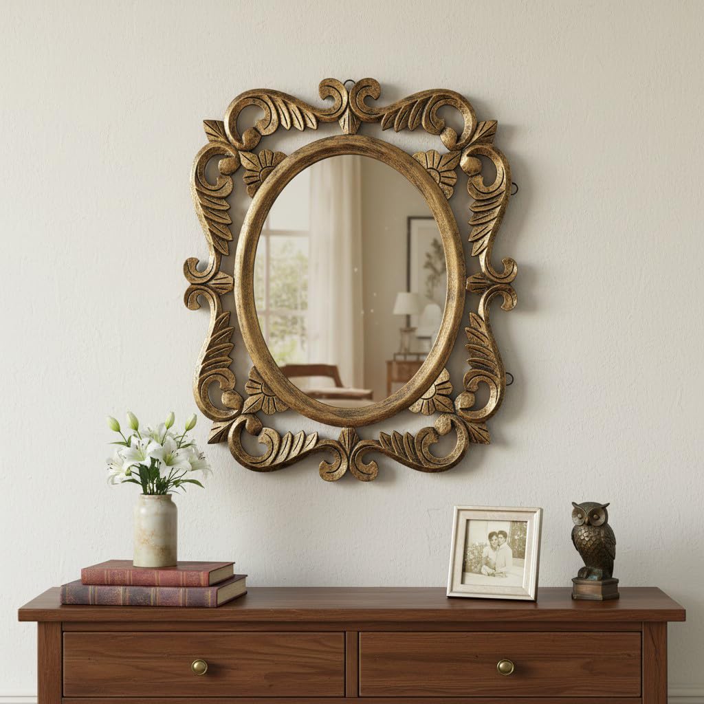 THE URBAN STORE Wall Mirror Wooden Antique Gold Color 24"x20" Pack of One Victorian Style Elegantly Hand Crafted Floral Carving Mirror for Home and Office Décor TUSMR10-image-41