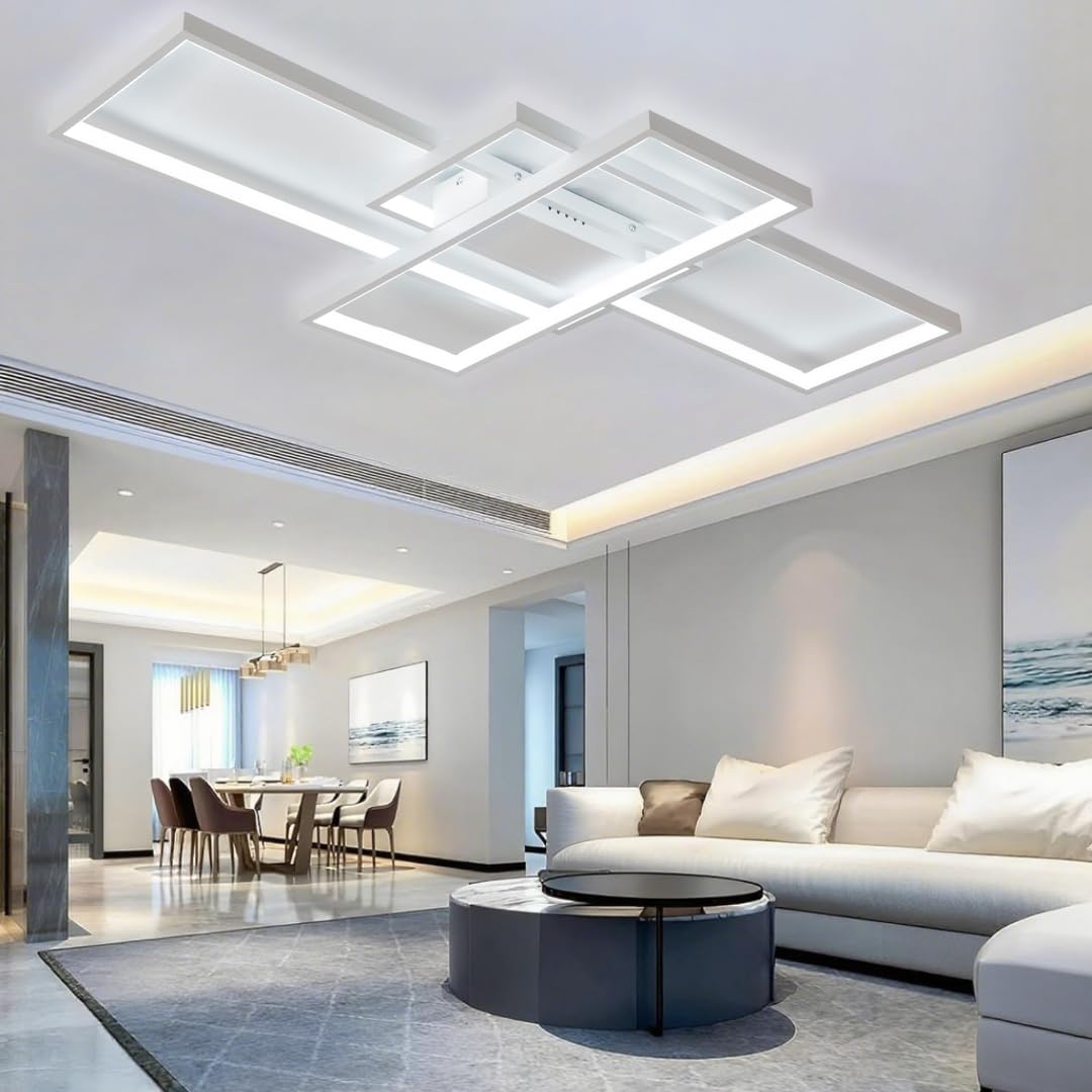 Plafoniera LED Soffitto Moderna,Plafoniera Salotto Dimmerabile, 115W Quadrata Geometrica Lampada Da Soffitto,per Decorativa Soggiorno, Camera da Letto,Sala da Pranzo,Cucina,Ufficio,140cm, Bianco