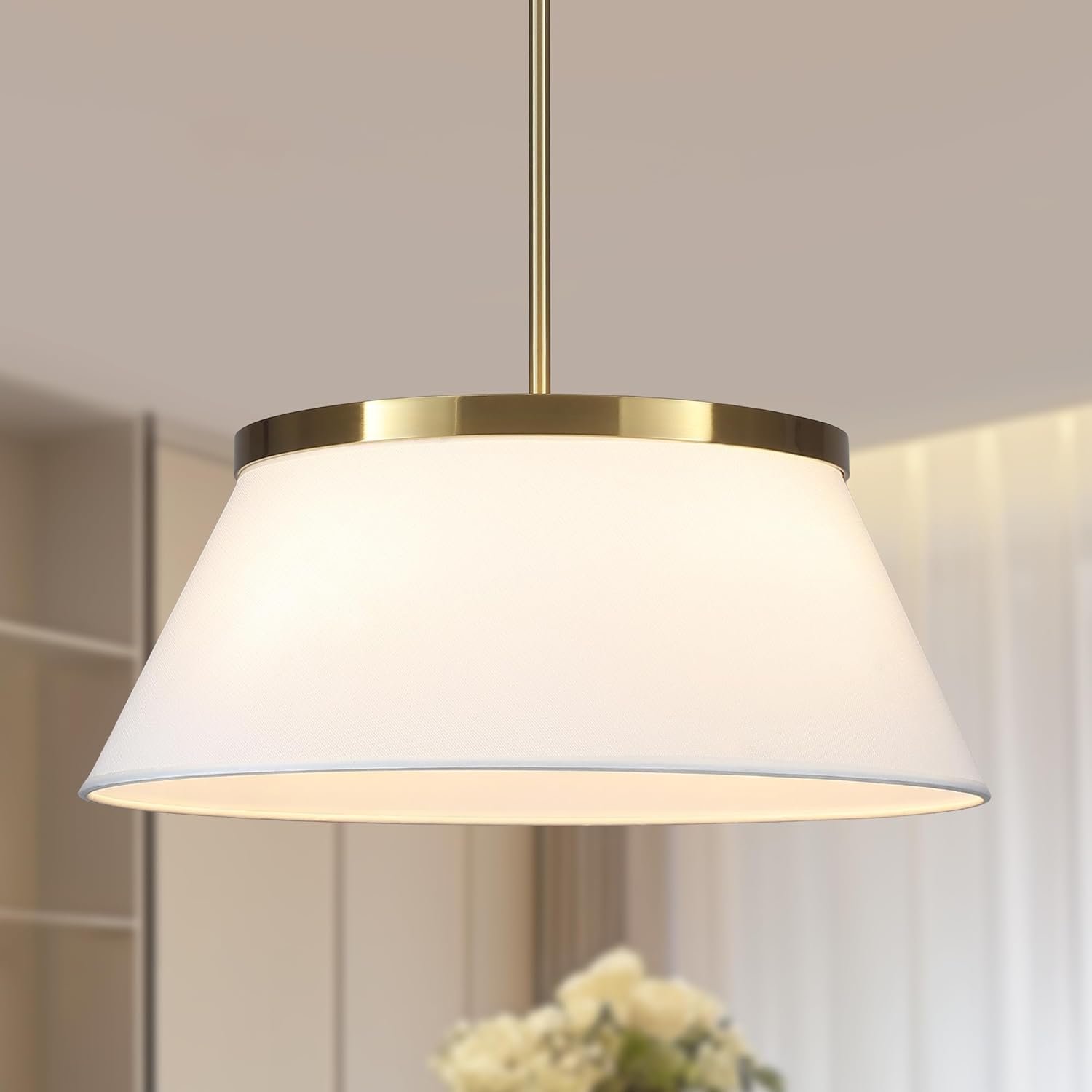 Modern Chandelier with White Fabric Shade Gold and Brass Finished Adjustable 4-Lights Pendant Lighting Fixture for Kitchen Island Dining Room and Restaurant