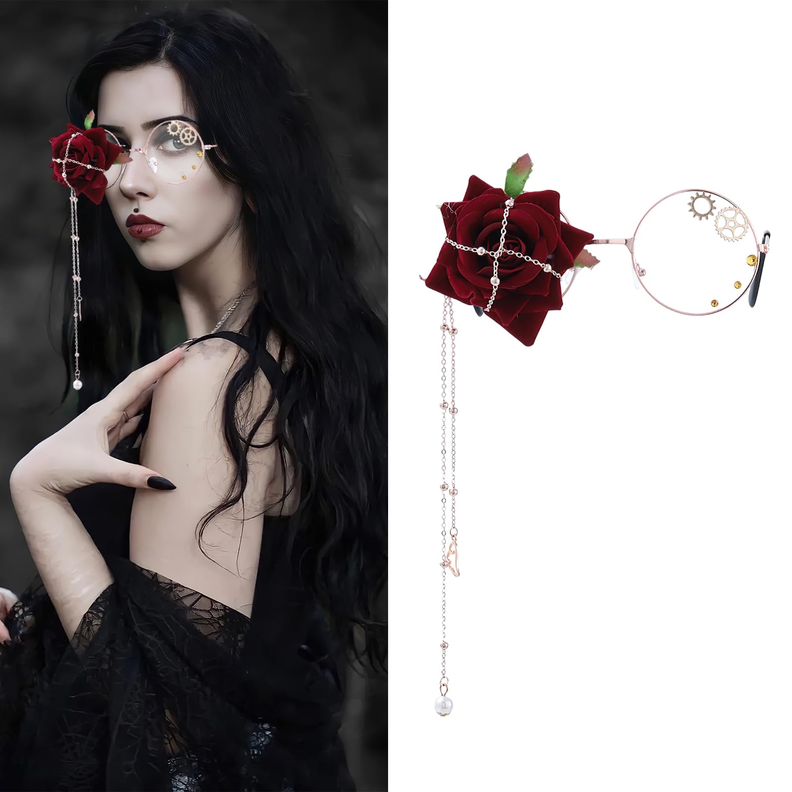 Vintage Rose Flower Steam Punk Gear Eyeglasses Lolita Costume Cosplay Props Decorative Glasses for Halloween Birthday Party