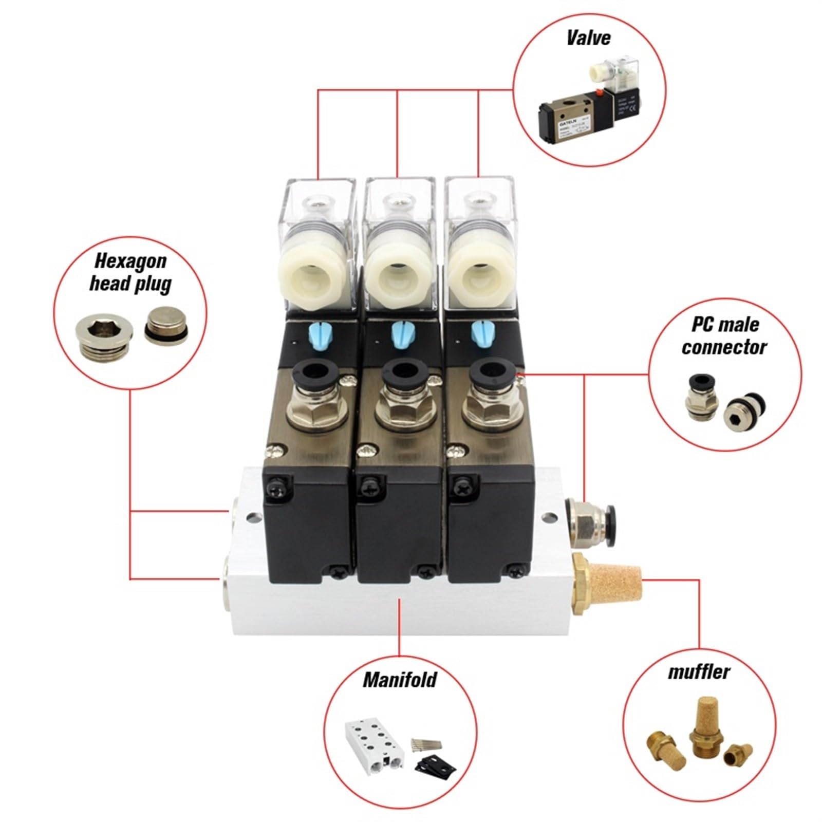 Bloque de Estaciones electroválvula 3V210-08-NC con silenciador, Normalmente Cerrado, Base colector, 12 V CC, 24 CA, 110, 220, 3 Puertos, 1 Unidad(Ac110v 10mm Fittings,2 Stations)